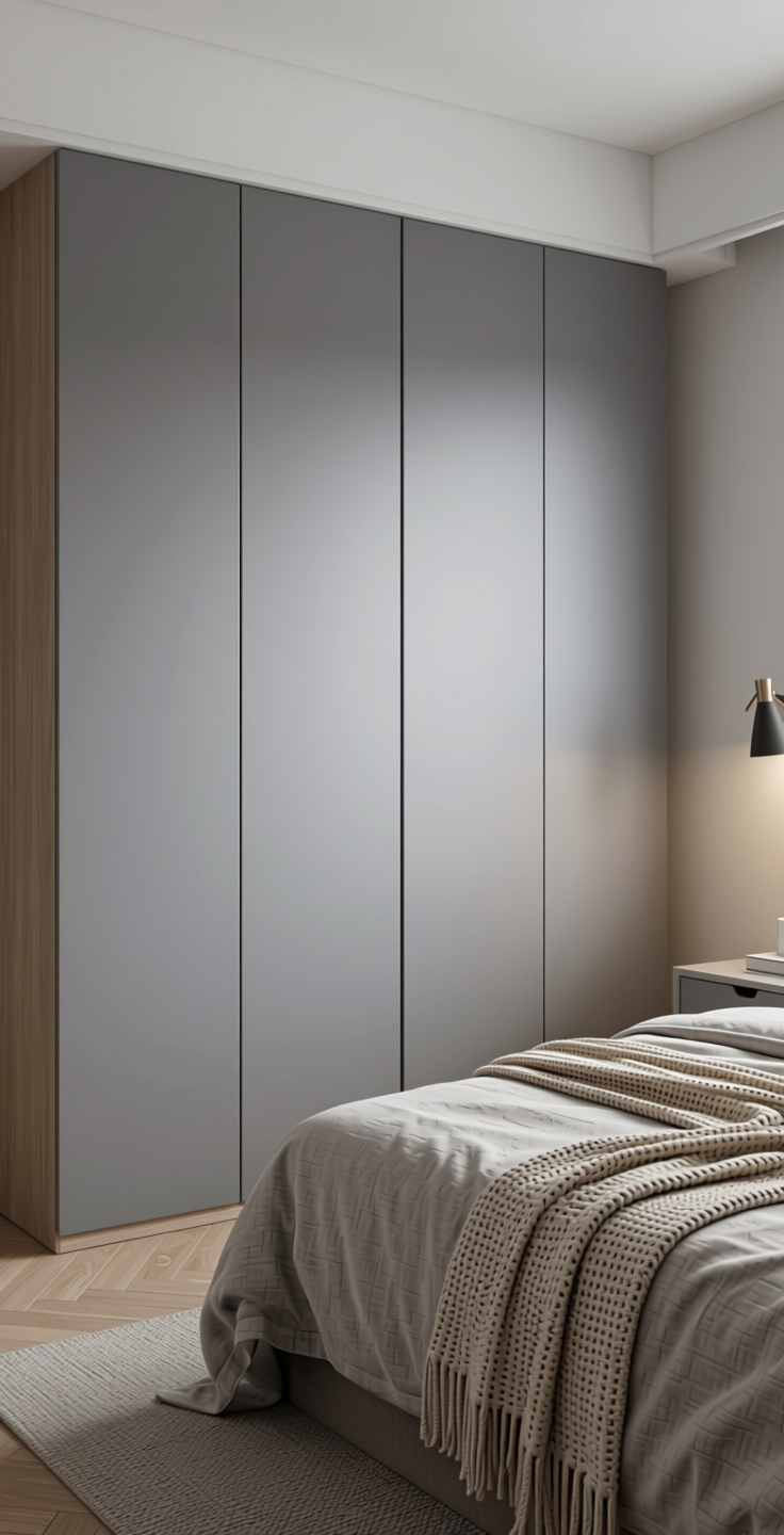 Silver Grey Plain Laminate 8x4 ft Super Matte 1 mm - SMT 1204 — application view in a minimalist bedroom