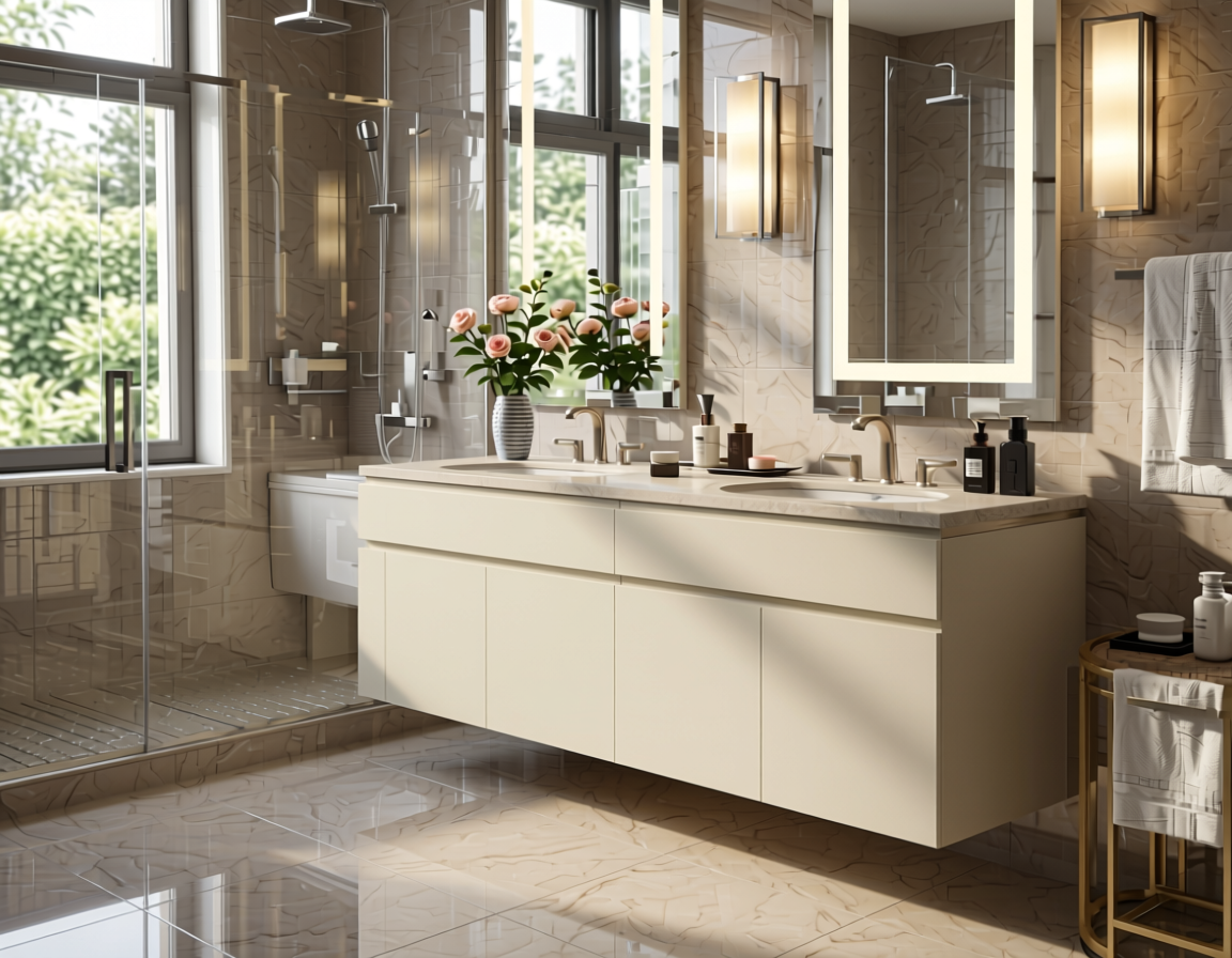 Cream Pearl Texture Laminate 4x8 ft - STY-SOL-402 — application view in a luxury bathroom
