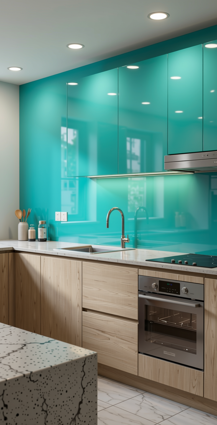 Cyan Gloss Laminate 8*4 ft 1 mm - LX1044 — application view in a modern kitchen