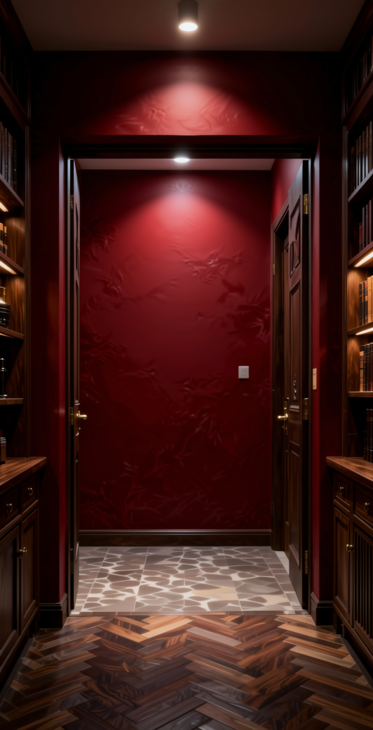 Dark Fantasy Red Texture Laminate 4x8 ft - STY-SOL-575 — application view in a dramatic entryway