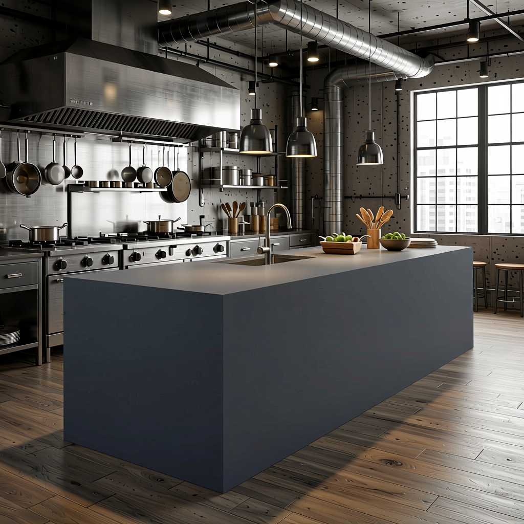 Dark Grey Plain Colors Laminate 8*4 ft Matte 1.0 mm - HER-1266 — application view in a industrial kitchen