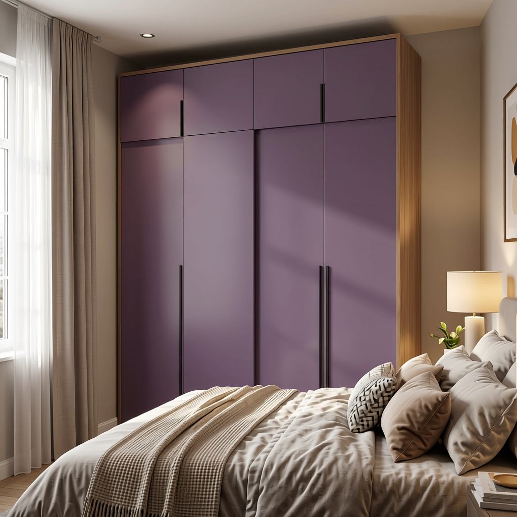 Dark Lilac Plain Colors Laminate 8*4 ft Soft Touch 1.0 mm - HER-1541 — application view in a master bedroom