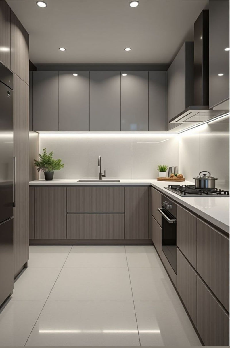 Grey matte wood laminate kitchen fronts with white wall panelling