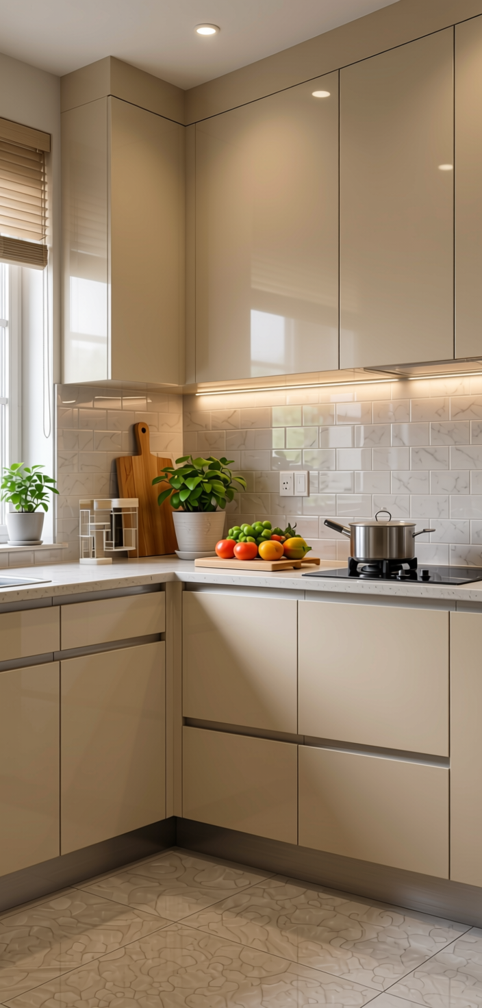 Beige Plain Laminate 8x4 ft High Gloss 0.8 mm - 8940 SG — application view in a kitchen