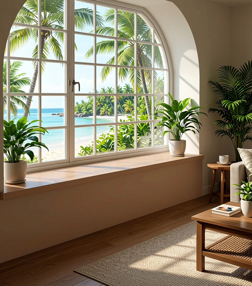 Brazilian Sand Plain Laminate 8x4 ft Texture 1 mm - 168 SI — application view in a tropical living room