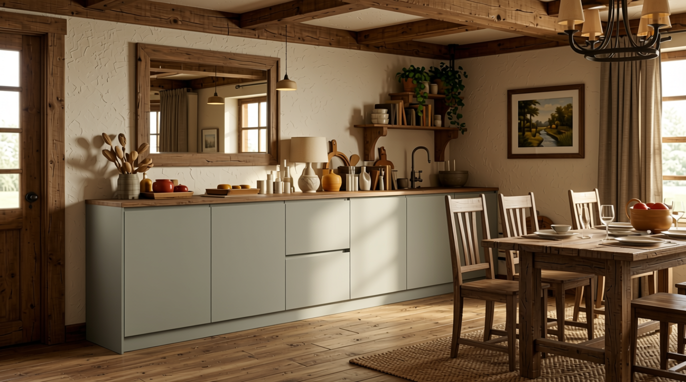 Castle Sand Plain Laminate 8x4 ft Matte 0.95 mm - 3040 SN — application view in a rustic dining room