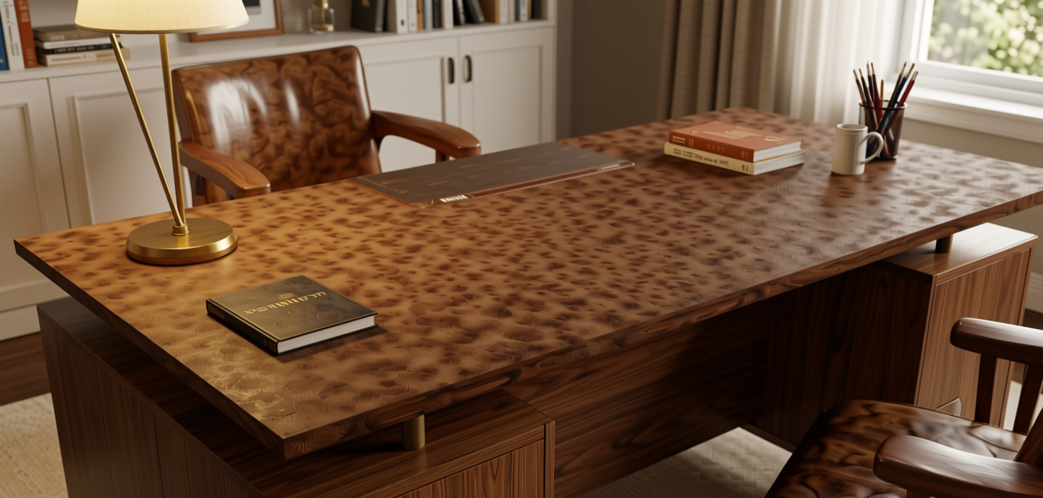 Brown Plain Laminate 8x4 ft Suede 1 mm - 21317 Dusk — application view in a warm study