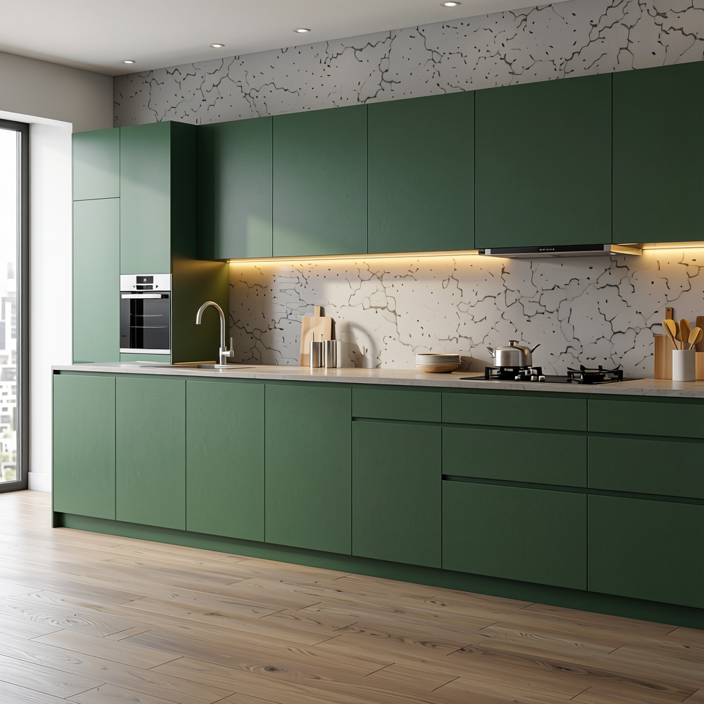 Green Plain Laminate 8x4 ft Suede 1 mm - 21313 Fern — application view in a contemporary kitchen