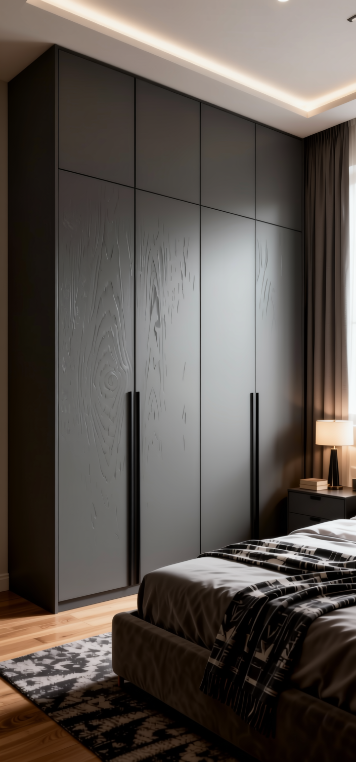 Gothic Grey Fluted Laminate 8x4 ft Texture 1 mm - 861x UG — application view in a sleek bedroom