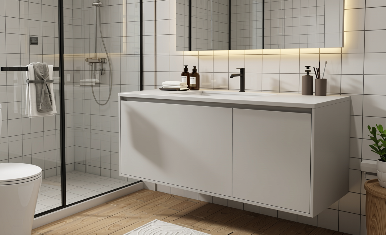 Plain Laminate 8x4 ft Matte 1 mm - LM 12756 — application view in a modern bathroom