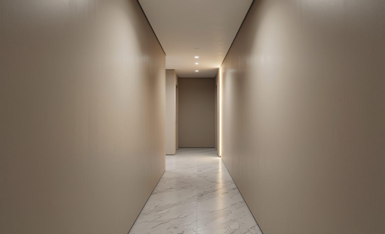 Plain Laminate 8x4 ft Texture 1 mm - LM 12775 — application view in a minimalist hallway