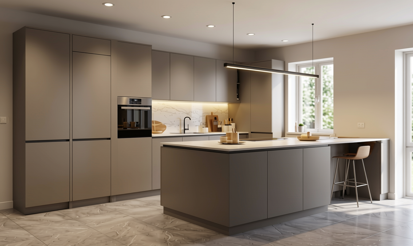 Plain Laminate 10x4 ft Matte 1 mm - LM 12790 — application view in a large kitchen