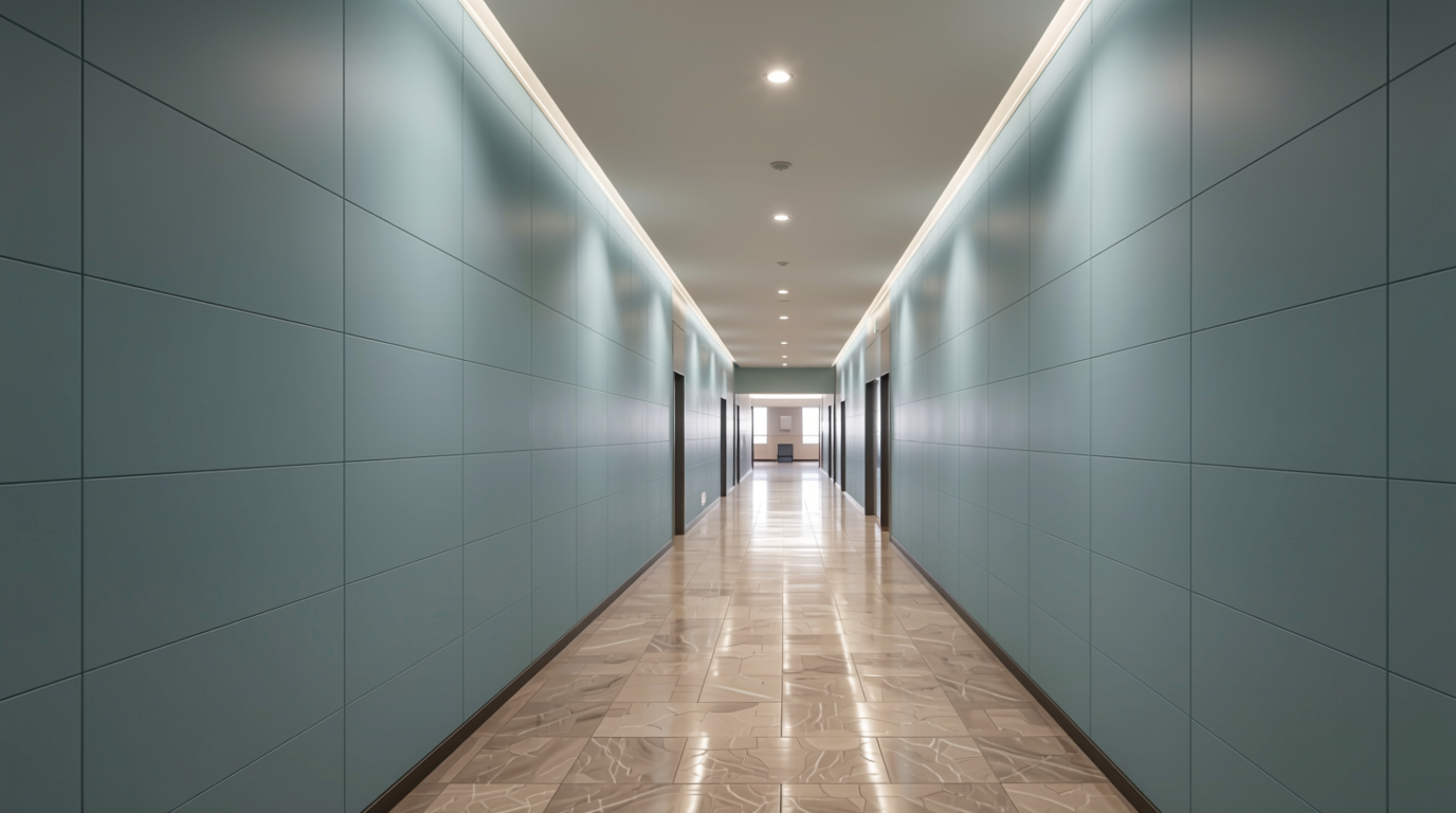 Plain Laminate 10x4 ft Matte 1 mm - LM 12796 — application view in a spacious hallway