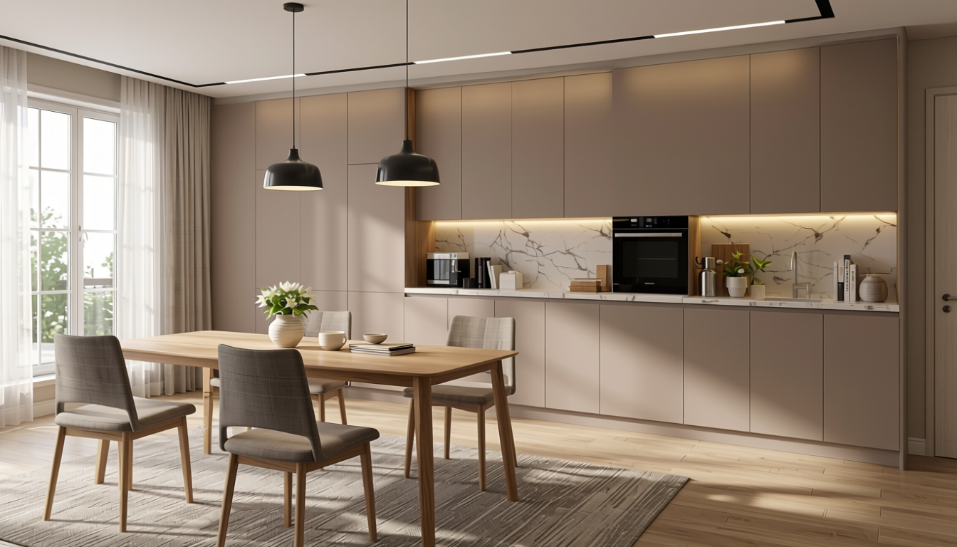 Plain Laminate 10x4 ft Matte 1 mm - LM 12800 — application view in a open-plan dining