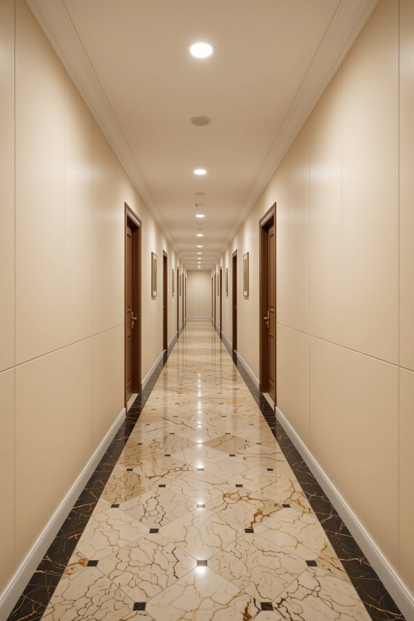 Pebble Ivory Plain Laminate 8x4 ft Texture 1 mm - 131 SI — application view in a elegant hallway