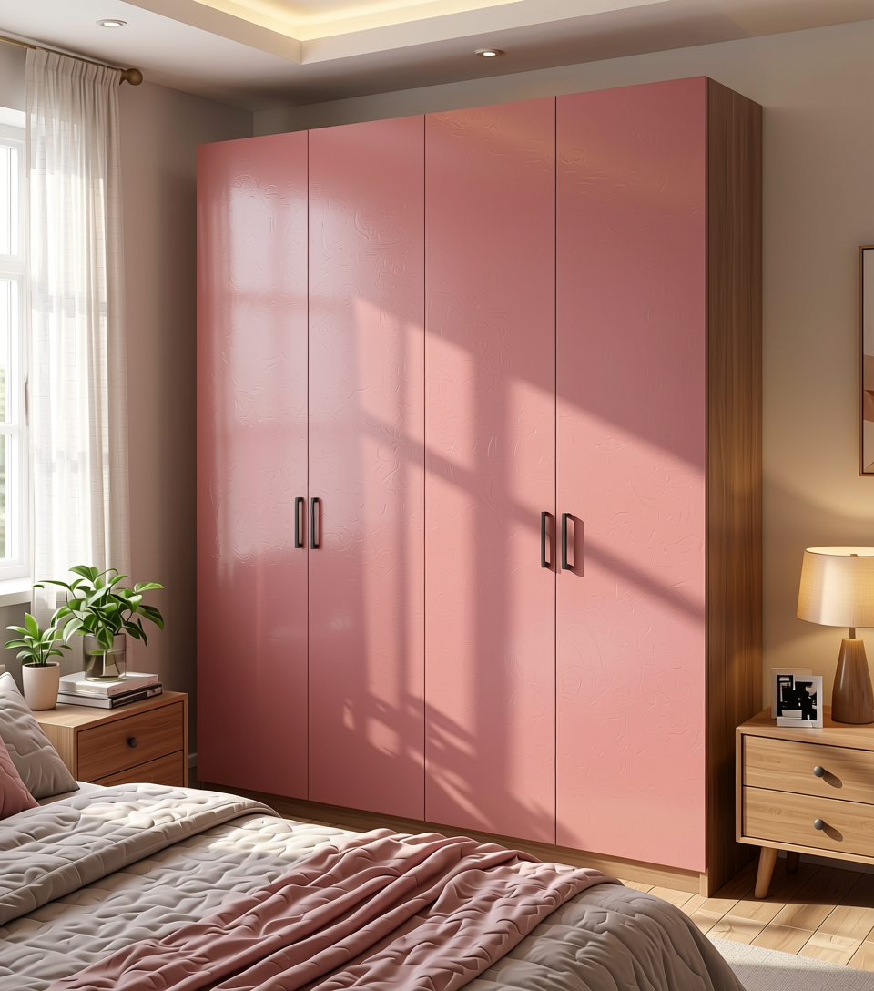 Rose Pink Plain Laminate 8x4 ft Texture 1 mm - 152 SI — application view in a girl's bedroom