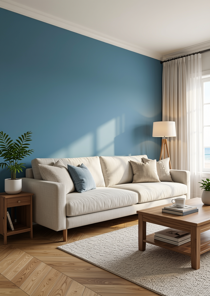 Shore Blue Plain Laminate 8x4 ft Texture 1 mm - 3252 SI — application view in a beach house living room