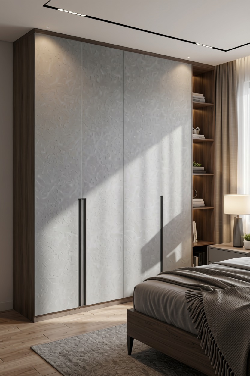 Silver Grey Wood Laminate 8x4 ft Suede 1 mm - 21069 SF — application view in a sleek bedroom
