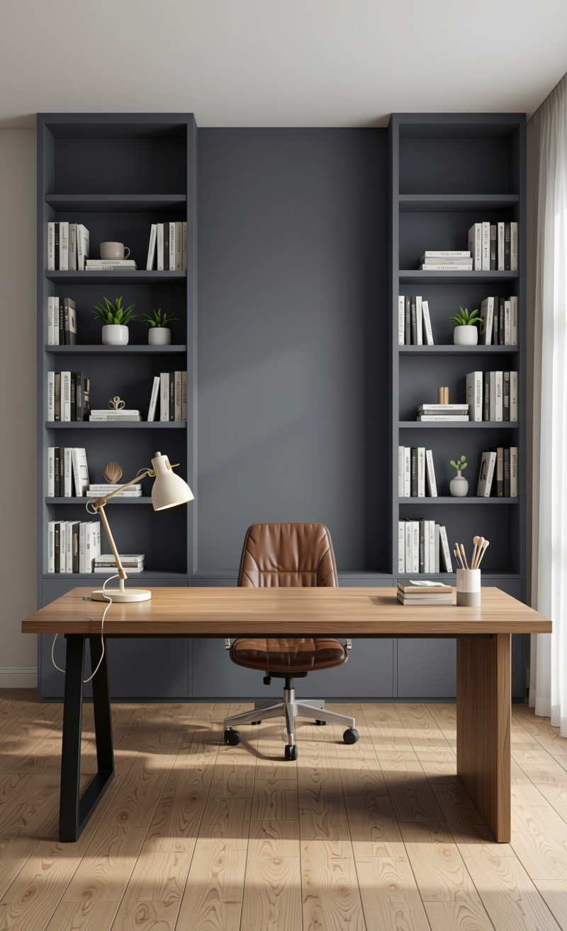 Slate Grey Wood Laminate 8x4 ft Texture 0.8 mm - 8504 VR — application view in a modern study