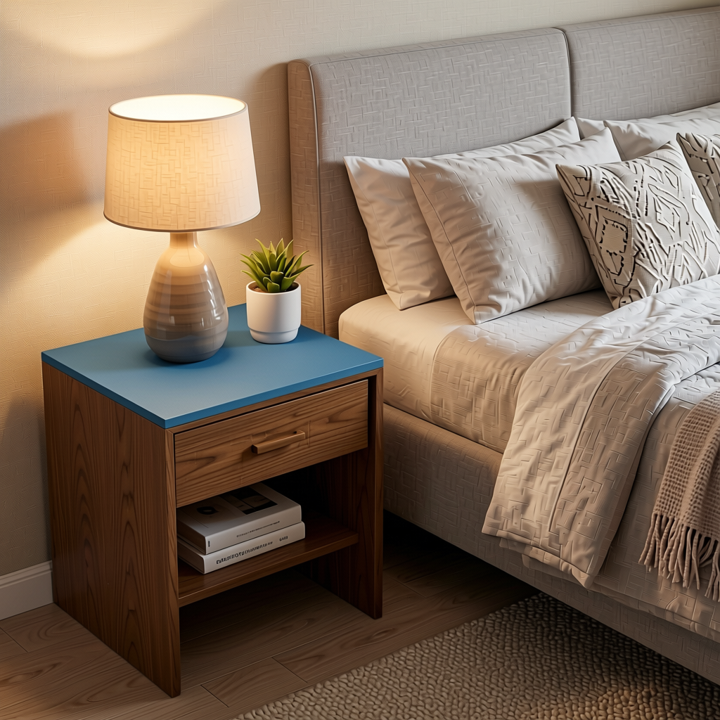 blue Plain Laminate 8x4 ft Suede 1 mm - 21362 Steel — application view in a calm bedroom