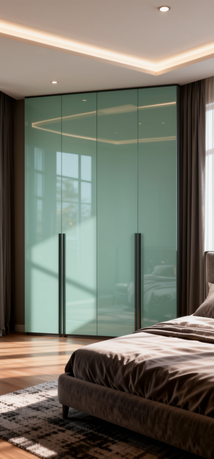 Tiffany Plain Laminate 8x4 ft High Gloss 0.95 mm - 3045 UG — application view in a sleek bedroom
