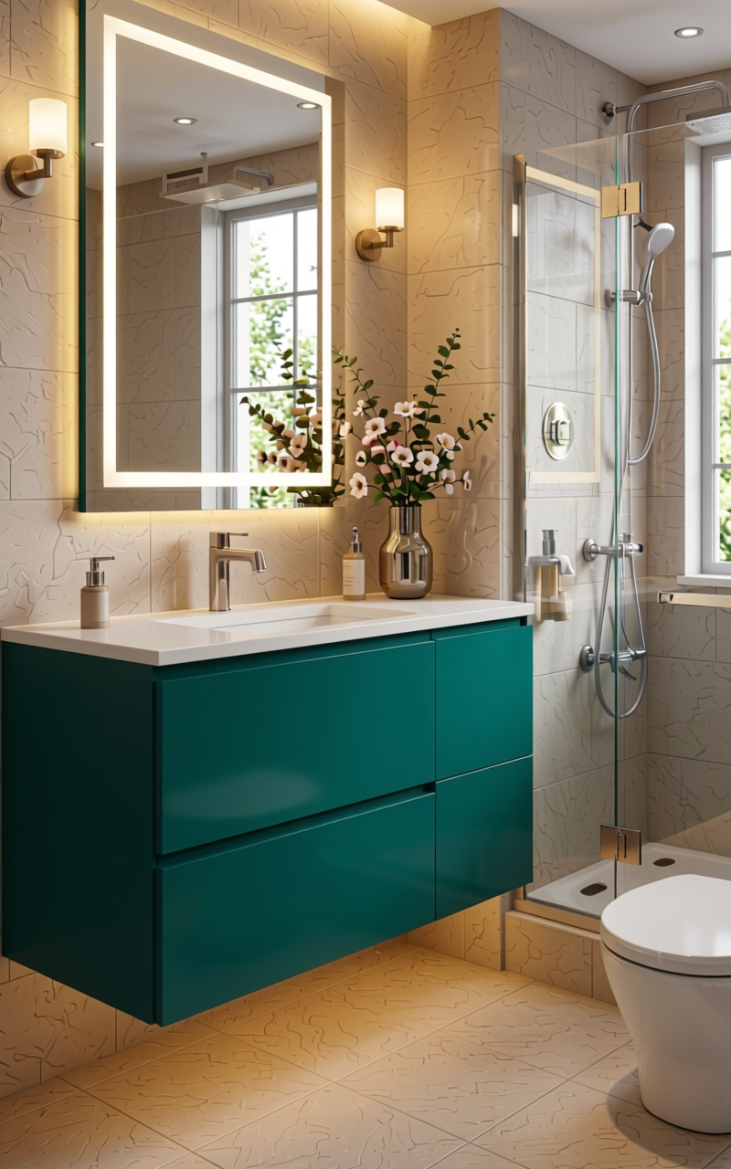 Deep Turquoise Texture Laminate 4x8 ft - STY-SOL-1725 — application view in a spa bathroom