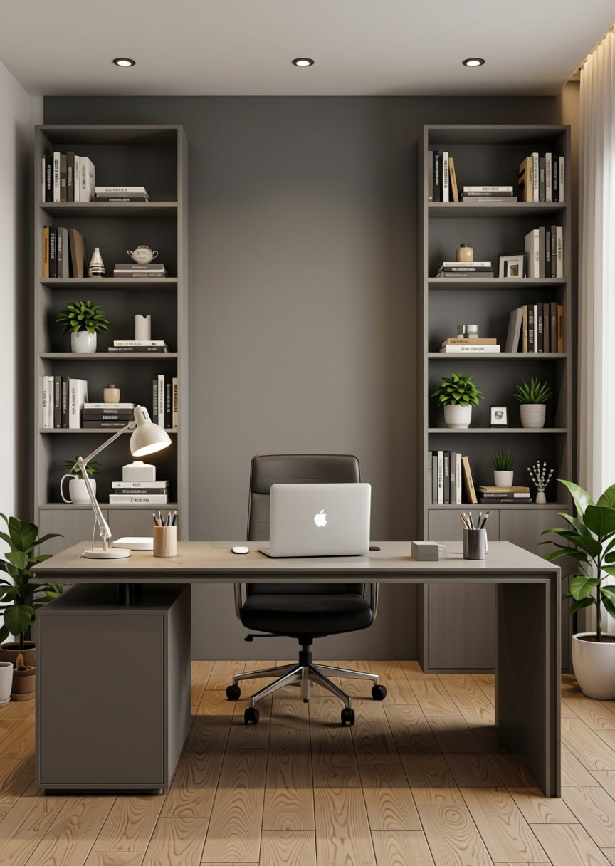 Dim Grey Texture Laminate 4.25x10 ft - STY-SOL-1067 — application view in a home office