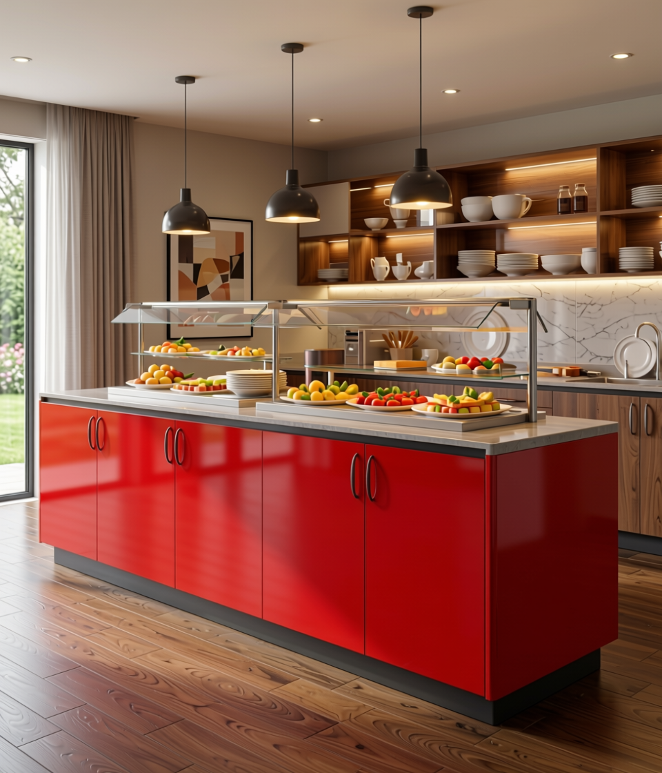 Charming Red Plain Laminate 8x4 ft High Gloss 0.8 mm - 4136 GL — application view in a dining room