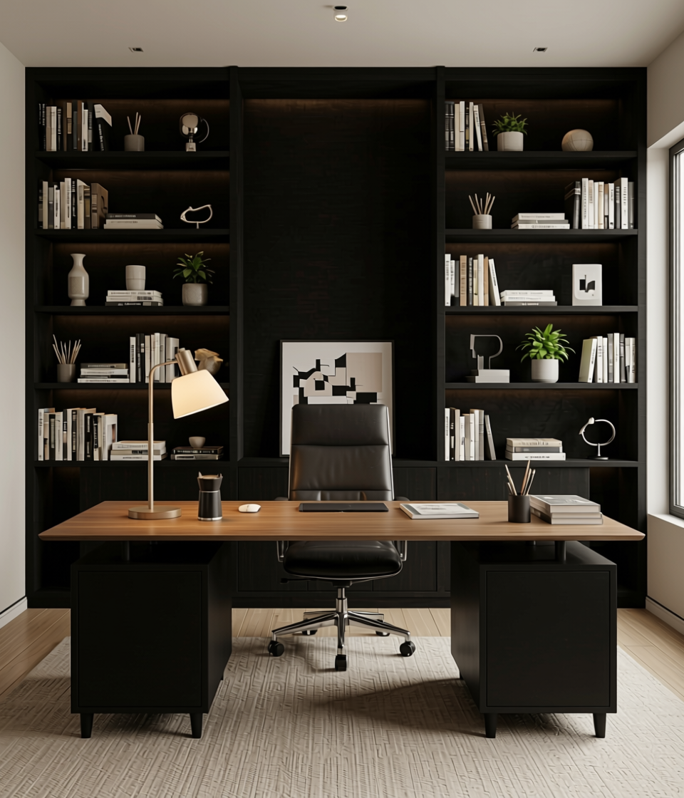 Deep Black Plain Laminate 8x4 ft Suede 0.8 mm - 4190 SF — application view in a home office