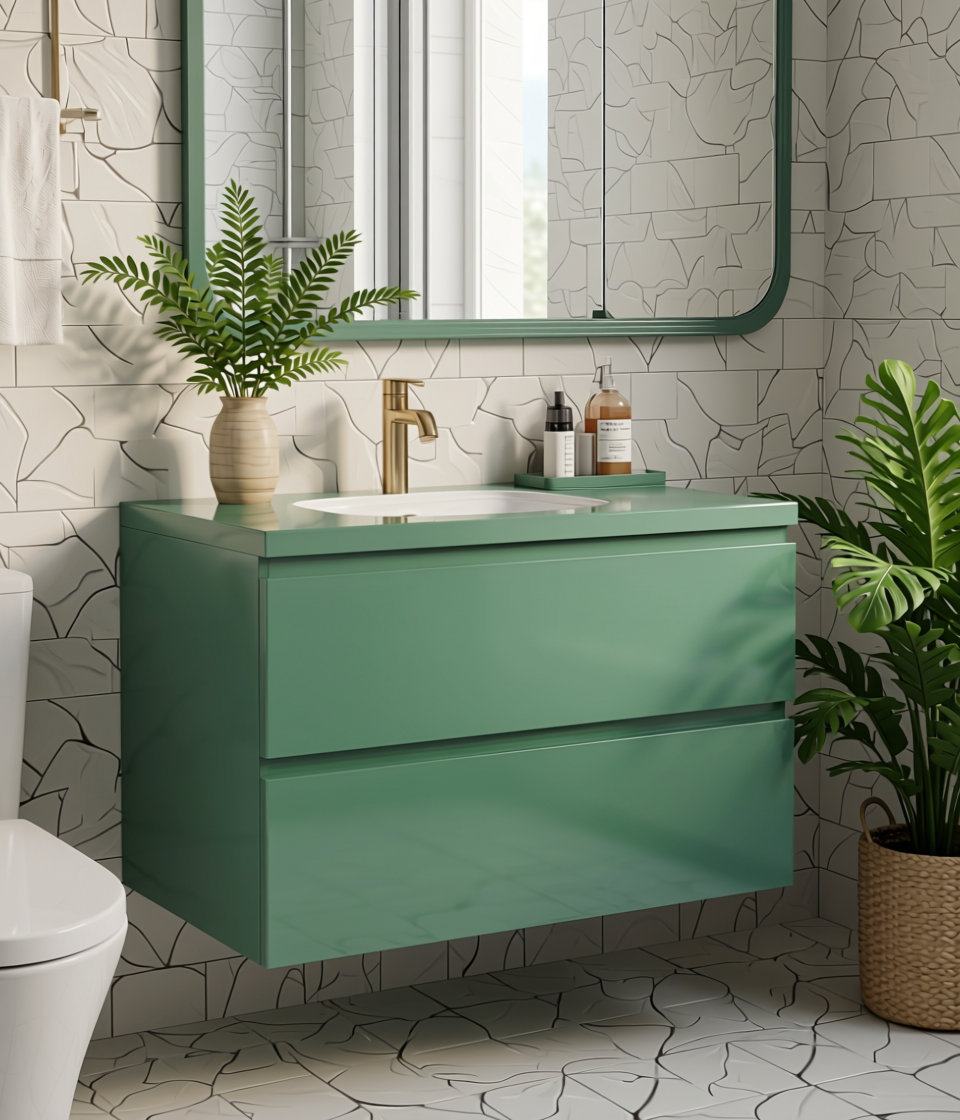 Fern Green Plain Laminate 8x4 ft High Gloss 0.8 mm - 4805 GL — application view in a bathroom