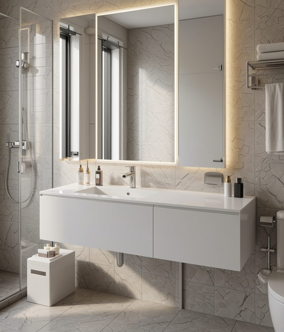 Frosty White Plain Laminate 8x4 ft High Gloss 0.8 mm - 4102 GL — application view in a bathroom