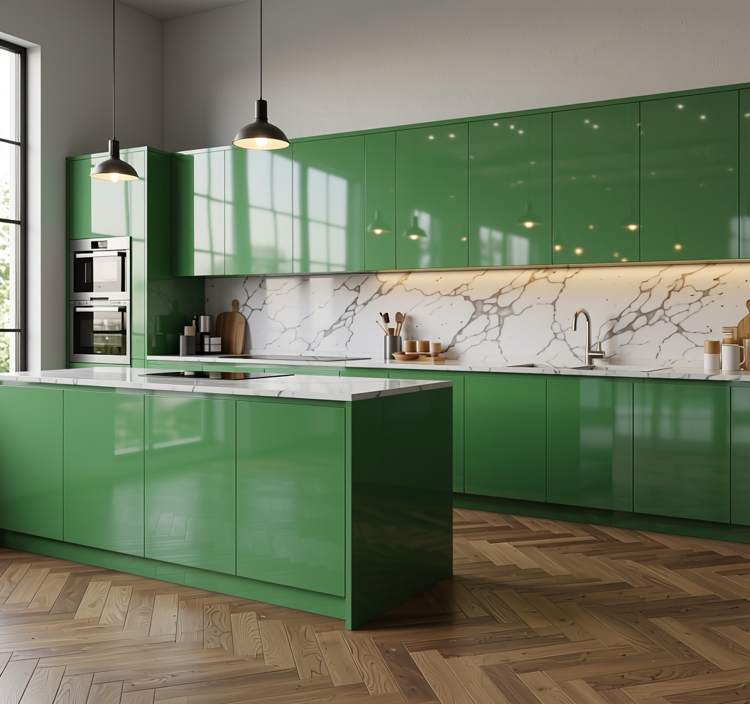 Green Bay Plain Laminate 8x4 ft High Gloss 0.8 mm - 4705 GL — application view in a contemporary kitchen