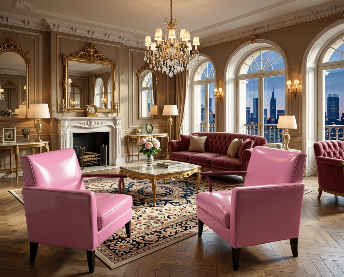 Pink Blossom Plain Laminate 8x4 ft High Gloss 0.8 mm - 4702 GL — application view in a glamorous living room
