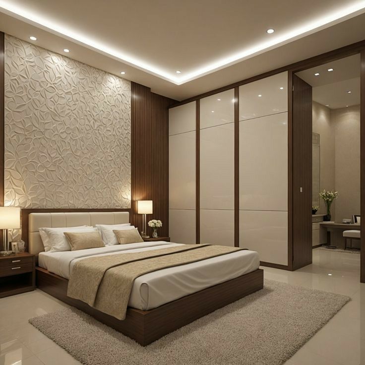 Textured beige wall panel bedroom with white laminate wardrobe