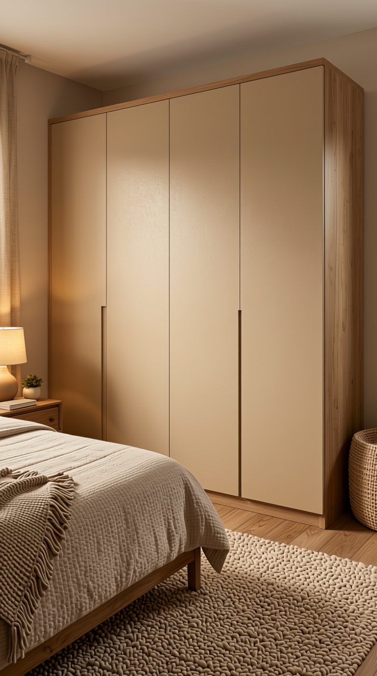 Ecru Camel Beige Texture Laminate 4x8 ft - STY-SOL-1774 — application view in a cozy bedroom