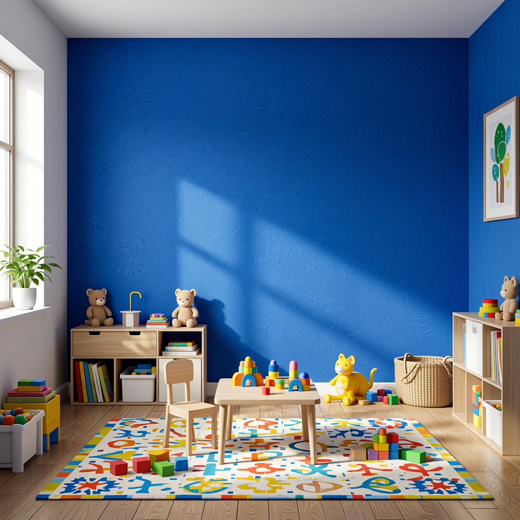 Electic Blue Plain Colors Laminate 8*4 ft Suede 1.0 mm - HER-1257 — application view in a kids' playroom