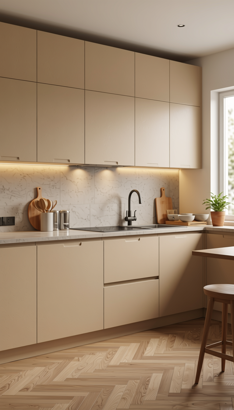 French Beige Texture Laminate 4.25x10 ft - STY-SOL-1787 — application view in a contemporary kitchen