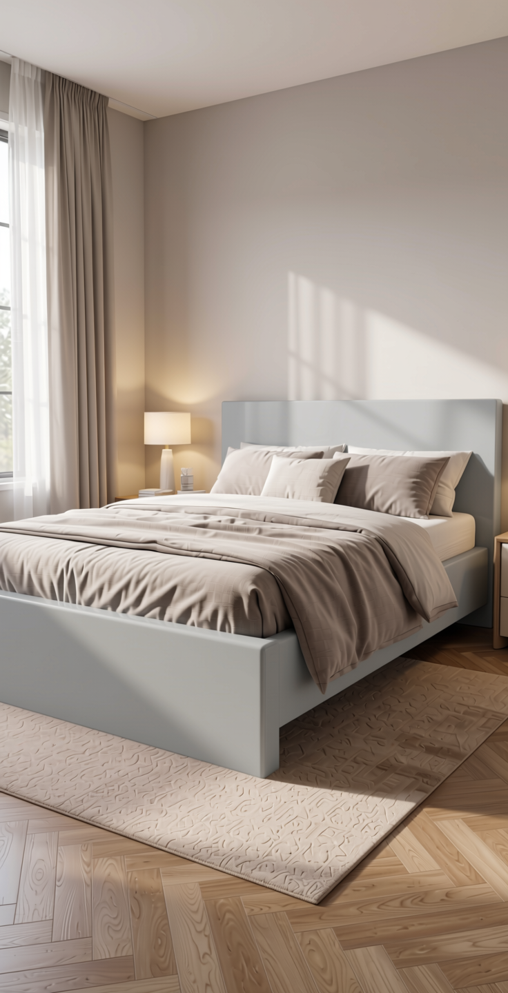 Frostel Grey Texture Laminate 4x8 ft - STY-SOL-413 — application view in a serene bedroom