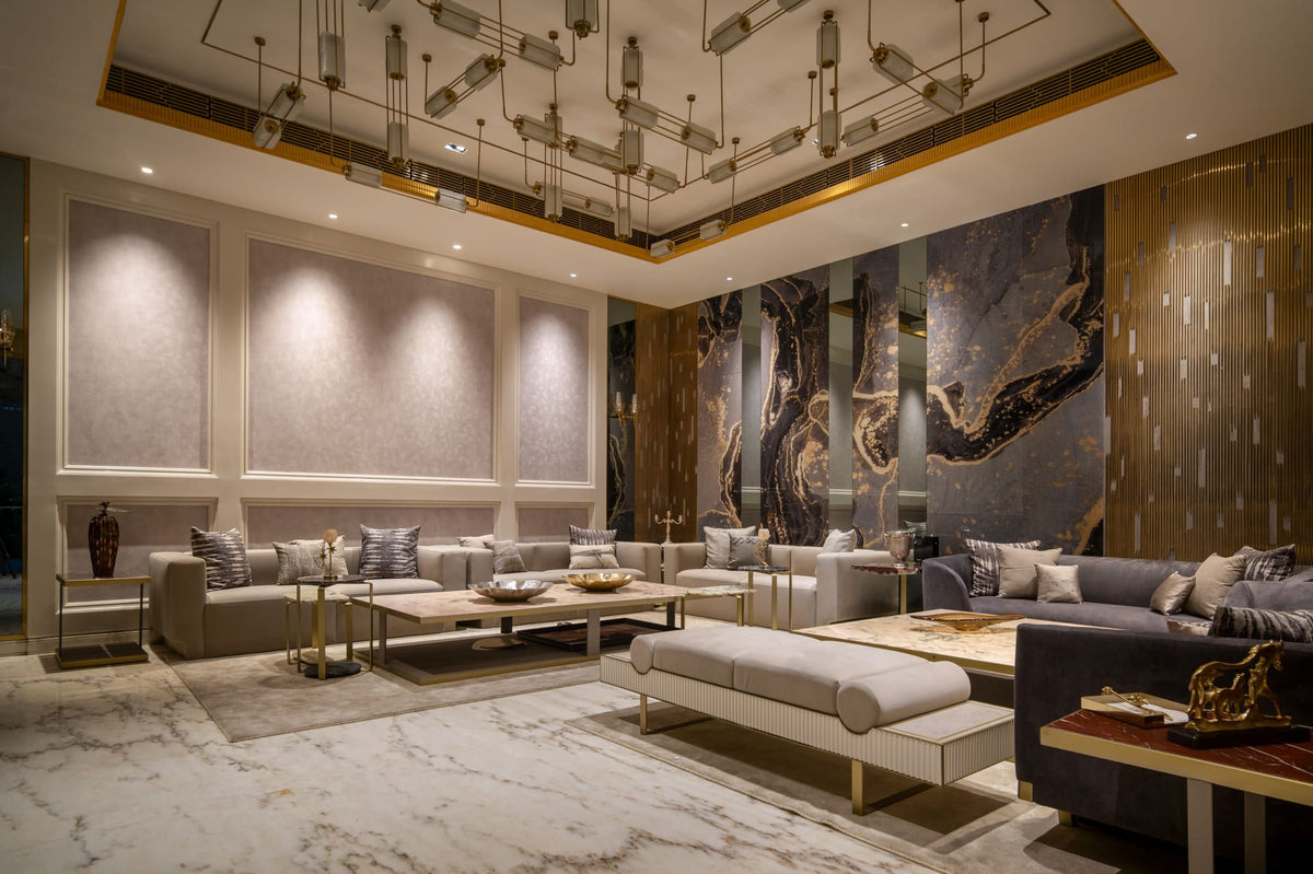 Living Room with a fluted louver look on the side wall; a satin marble & stone wall panel look on the feature wall; a suede textures wall panel look on the accent wall.