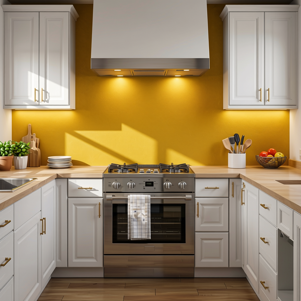 Gold Yellow Plain Colors Laminate 8*4 ft Suede 1.0 mm - HER-1225 — application view in a kitchen