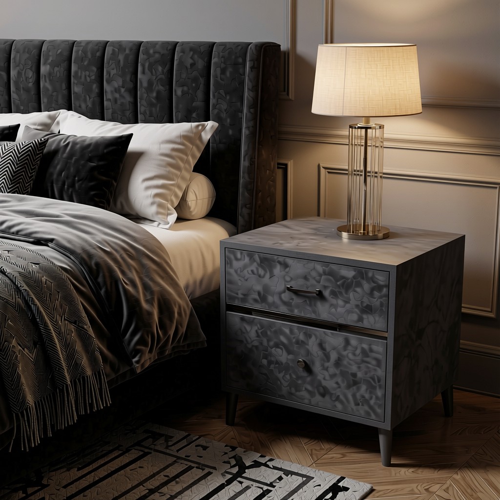 Gothic Grey Plain Colors Laminate 8*4 ft Suede 1.0 mm - HER-1279 — application view in a sophisticated bedroom
