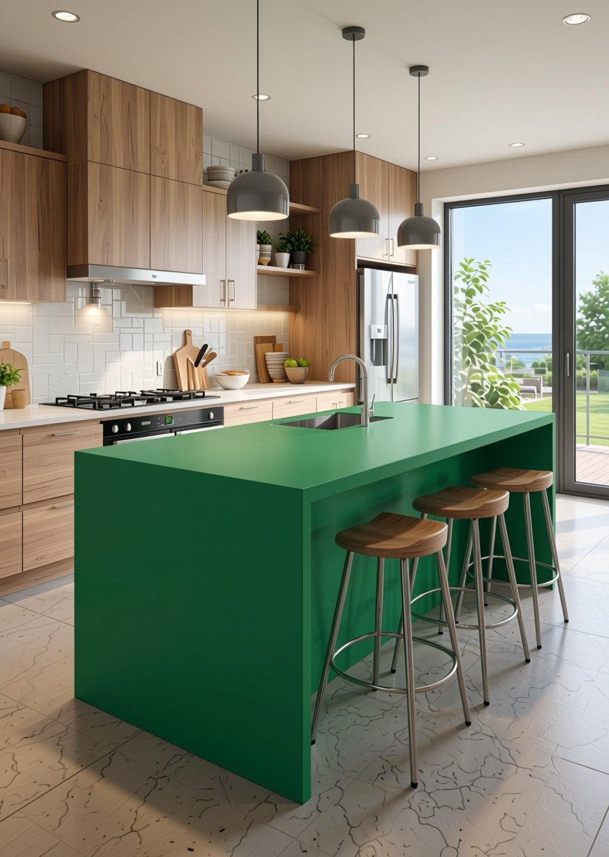 Green Texture Laminate 6x12 ft | Stylam Rainy Sky - STY-SOL-1718 — application view in a contemporary kitchen