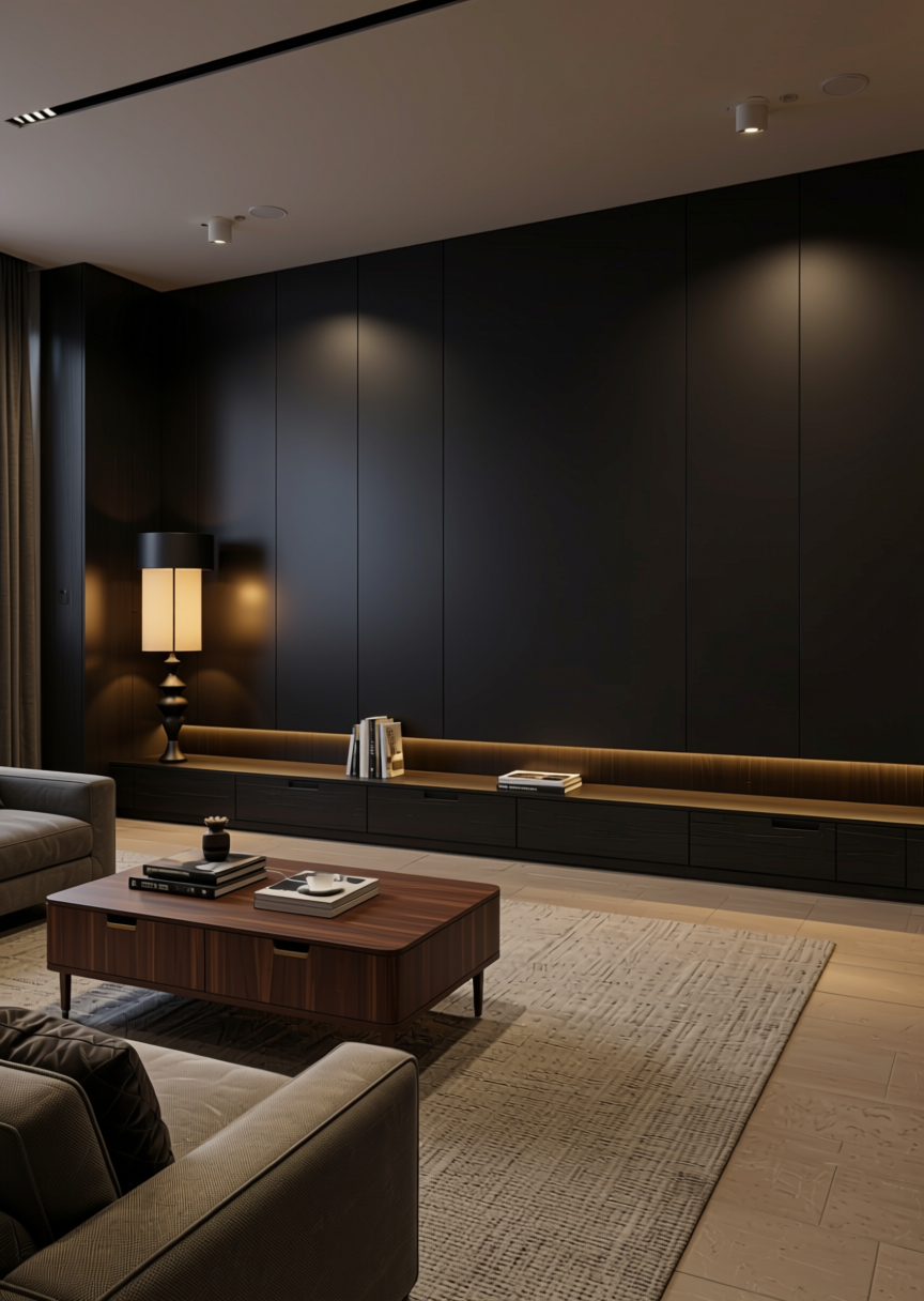 Classic Black Solid colour MDF 8*4 ft Pre-laminated 18 mm - GP-CL-2103 — application view in a home theater