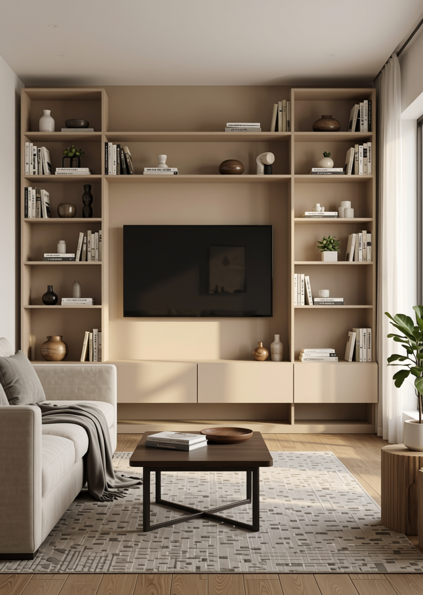 Smoky Beige Solid colour MDF 8*4 ft Pre-laminated 18 mm - GP-EX-137 — application view in a living room