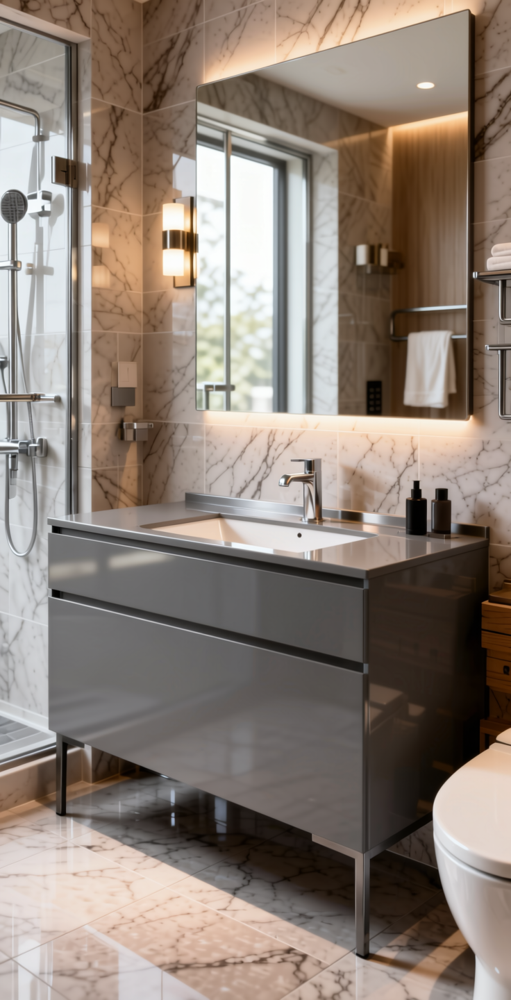 Grey Gloss Laminate 8*4 ft 1 mm - LX1049 — application view in a stylish bathroom