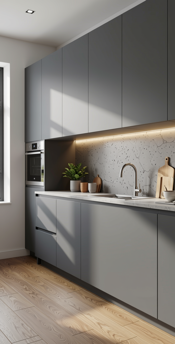 Grey Gloss Laminate 8*4 ft 1 mm - LX3088 — application view in a modern kitchen