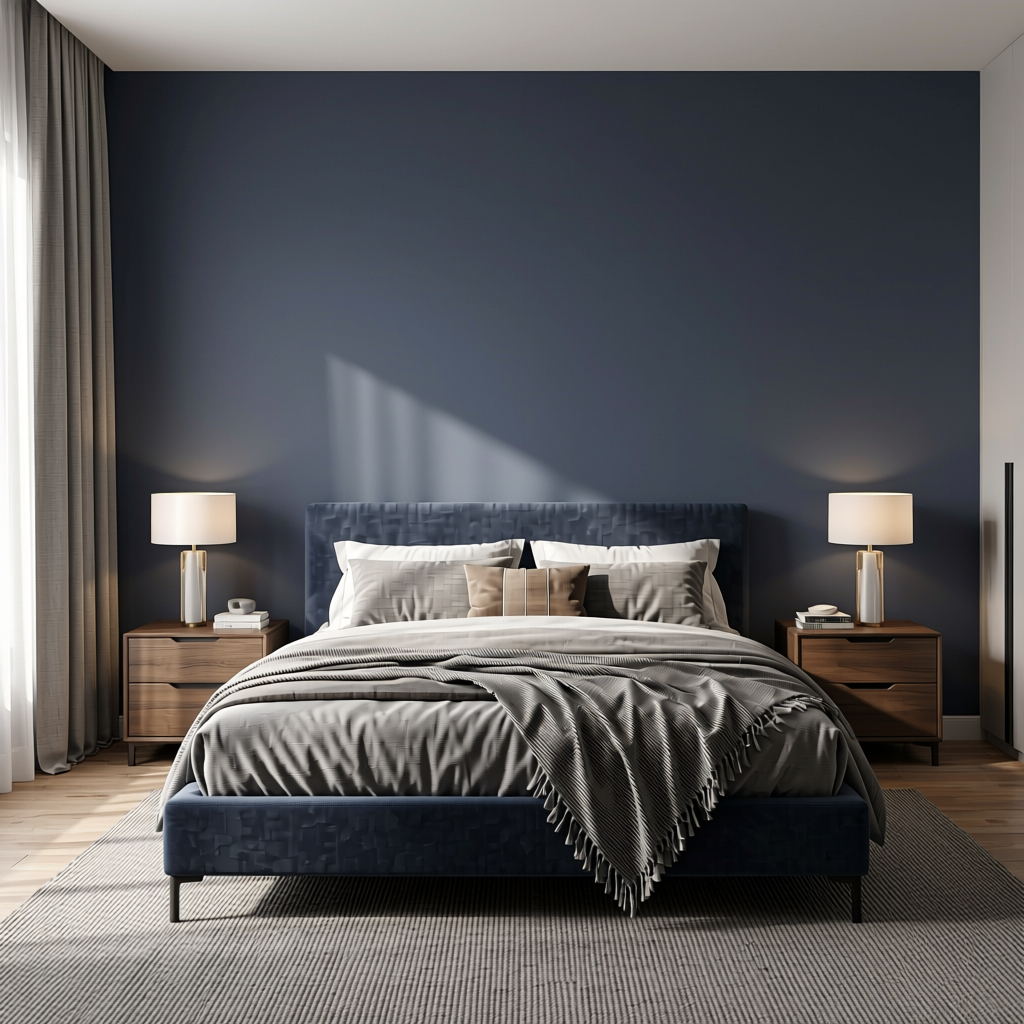 Grey Navy Plain Colors Laminate 8*4 ft Soft Touch 1.0 mm - HER-1564 — application view in a sophisticated bedroom