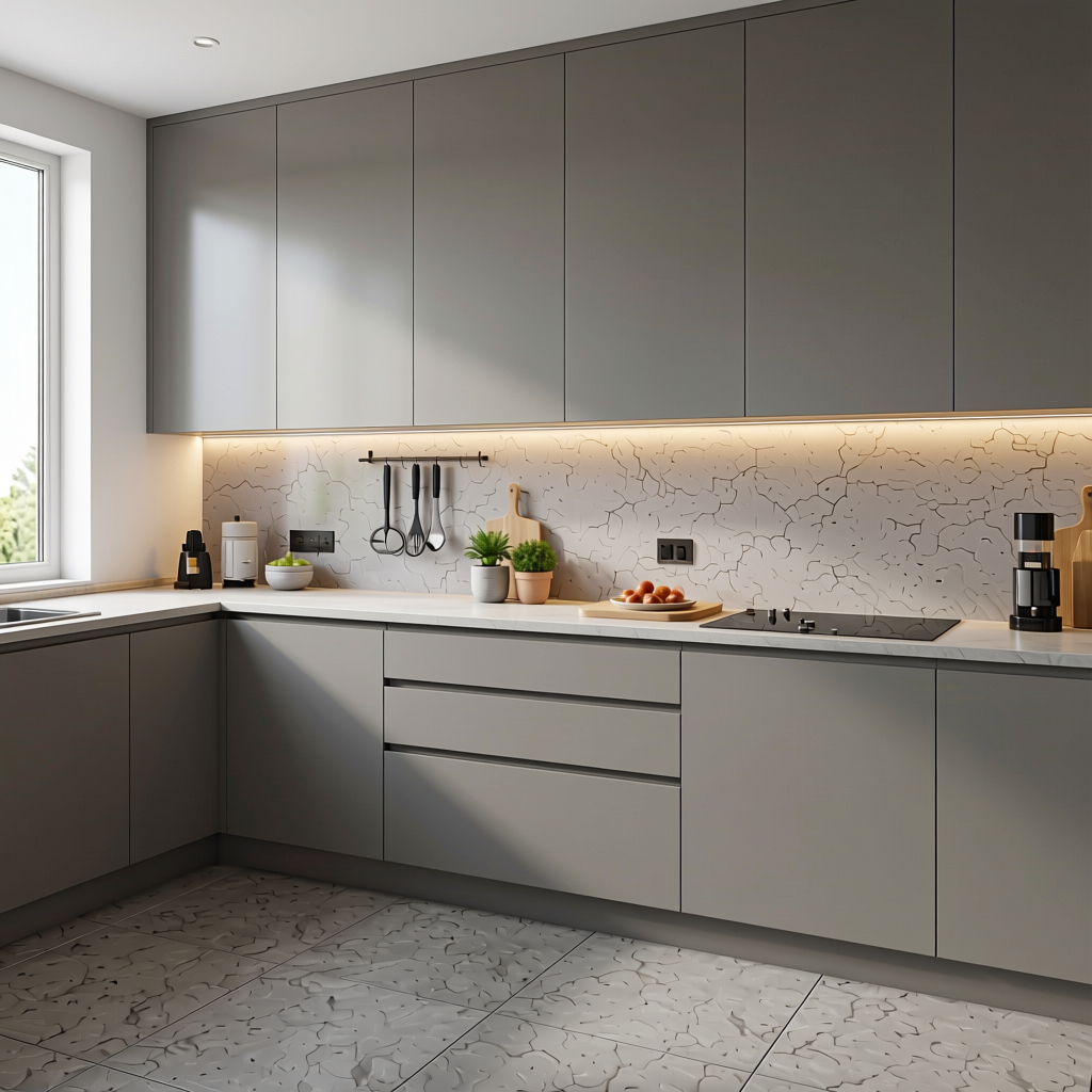 Grey Texture Laminate 4x8 ft - STY-SOL-403 — application view in a modern kitchen
