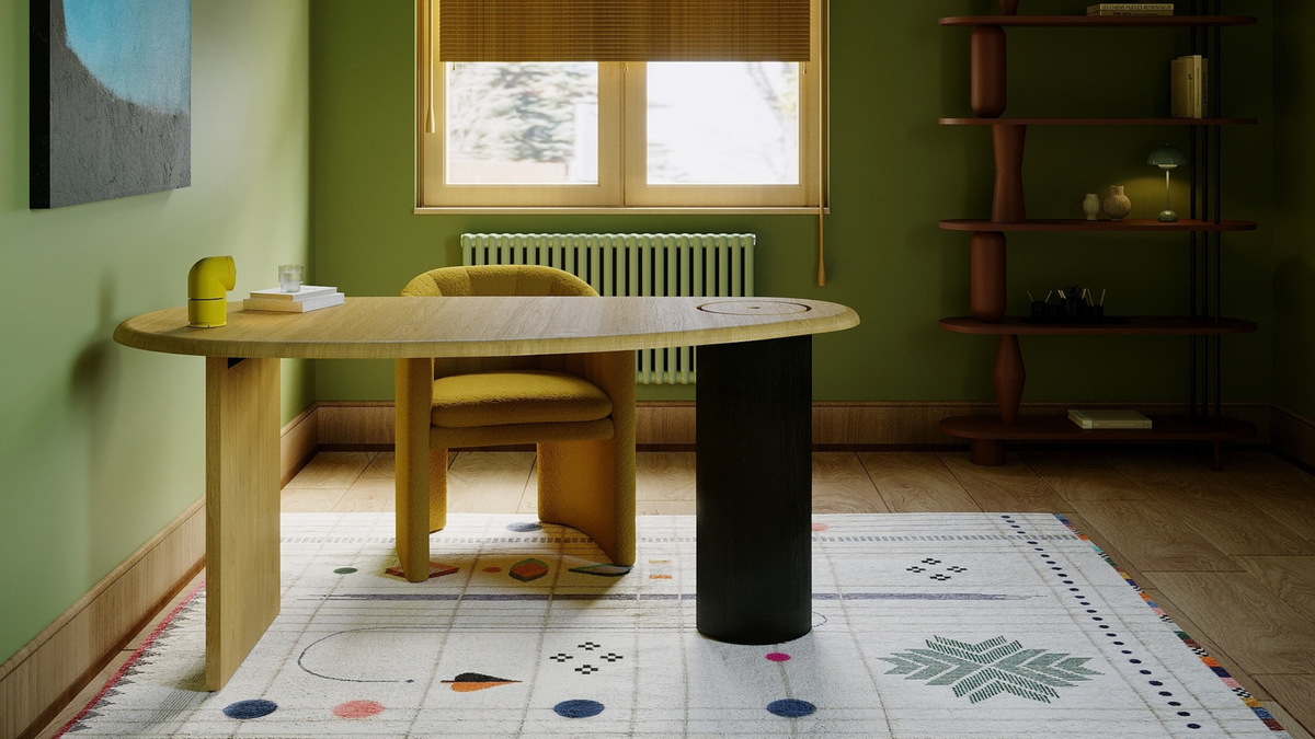 Office with a matte wood laminate look on the desk top; a matte solid colour laminate look on the desk leg.