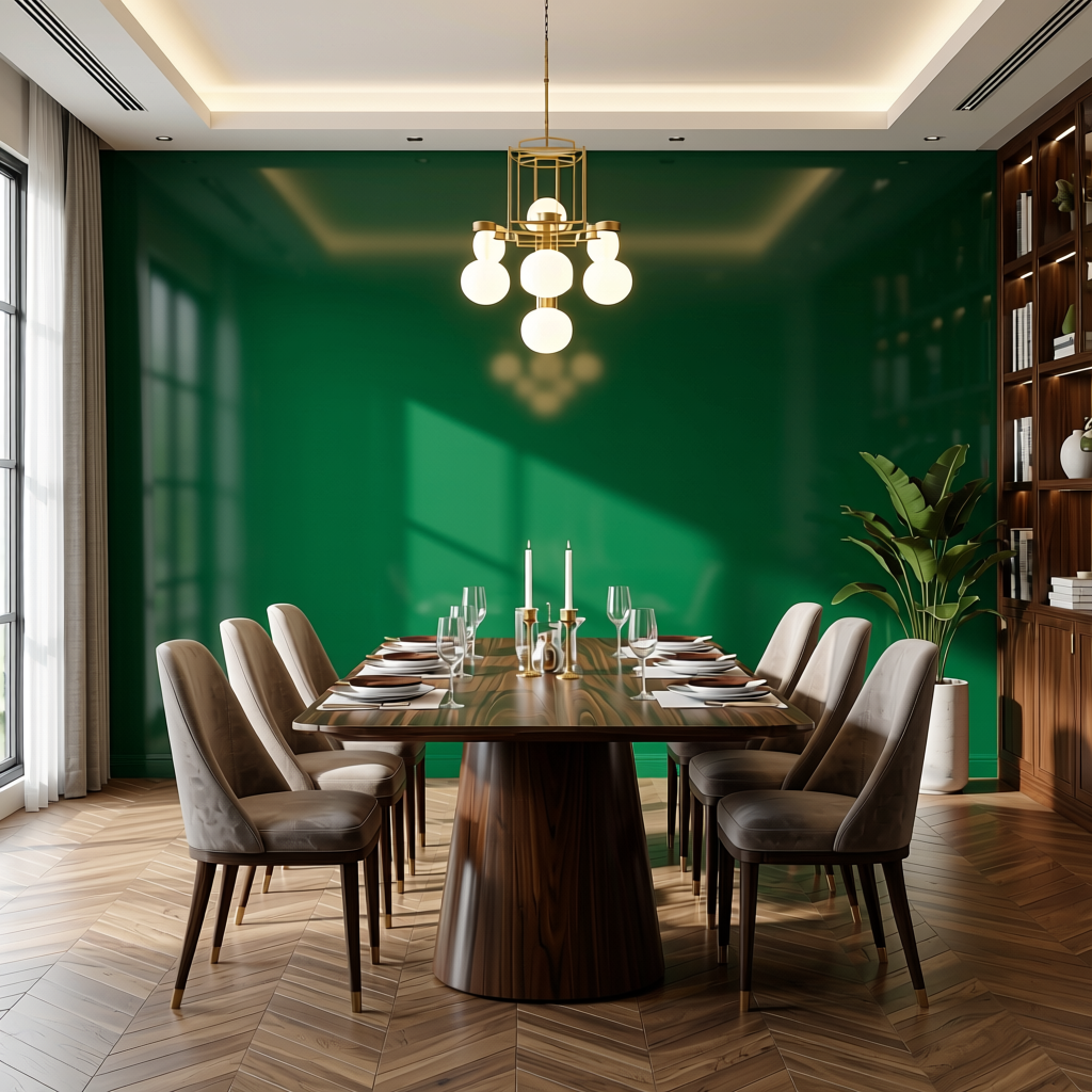 Hunter Green 2 Plain Colors Laminate 8*4 ft High Gloss 1.0 mm - HER-1289 — application view in a luxury dining room